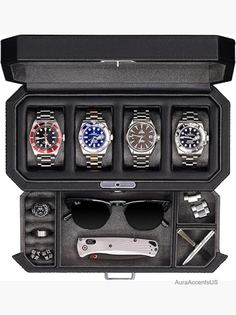 4Slot Watch Box With Valet Drawer  Luxury Leather Display Case Organizer